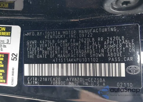 2023 Toyota Camry Se z USA, uszkodzony, nr VIN 4T1S11AK4PU101102